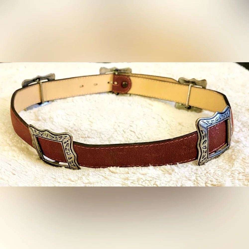 Leather Western-Style Women's Belt with Decorative Buckles - Brown